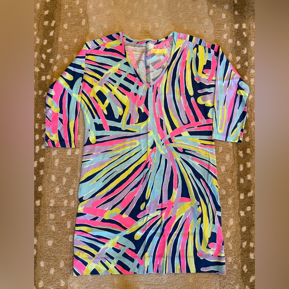 Vibrant Abstract Palm-Print V-Neck Dress - Neon Colors